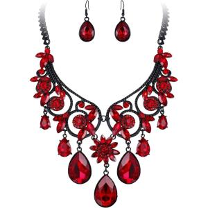 imageBriLove Womens Tribal Ethnic Crystal Chunky Statement Necklace Dangle Earrings Set01Ruby Color BlackTone