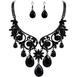 imageBriLove Womens Tribal Ethnic Crystal Chunky Statement Necklace Dangle Earrings Set03Black BlackTone