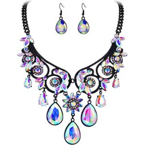 imageBriLove Womens Tribal Ethnic Crystal Chunky Statement Necklace Dangle Earrings Set04 Iridescent AB BlackTone