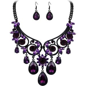 imageBriLove Womens Tribal Ethnic Crystal Chunky Statement Necklace Dangle Earrings Set05Purple BlackTone