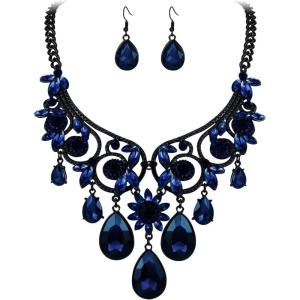 imageBriLove Womens Tribal Ethnic Crystal Chunky Statement Necklace Dangle Earrings SetBlue BlackTone