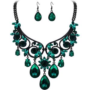 imageBriLove Womens Tribal Ethnic Crystal Chunky Statement Necklace Dangle Earrings SetEmerald Color BlackTone