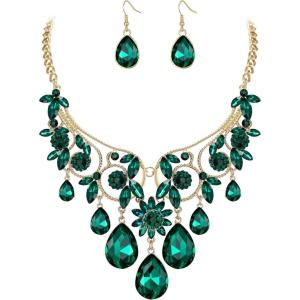 imageBriLove Womens Tribal Ethnic Crystal Chunky Statement Necklace Dangle Earrings SetEmerald Color GoldTone
