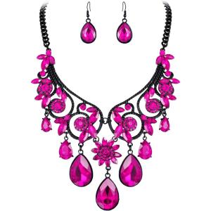 imageBriLove Womens Tribal Ethnic Crystal Chunky Statement Necklace Dangle Earrings SetHot Pink BlackTone