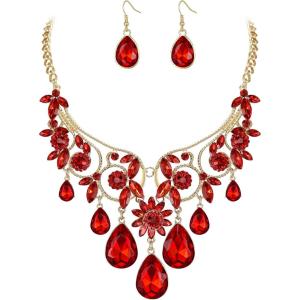 imageBriLove Womens Tribal Ethnic Crystal Chunky Statement Necklace Dangle Earrings SetRuby Color GoldTone