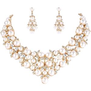 imageBriLove Womens Wedding Bridal Crystal Cream Simulated Pearl Cluster Statement Necklace Dangle Earrings SetGoldTone