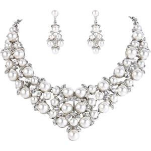 imageBriLove Womens Wedding Bridal Crystal Cream Simulated Pearl Cluster Statement Necklace Dangle Earrings SetSilverTone