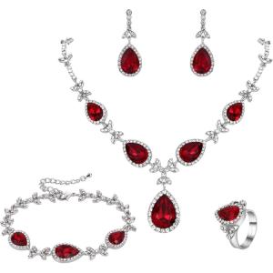 imageBriLove Womens Wedding Bridal Crystal Floral Leaf Teardrop YNecklace Bracelet Earrings Ring SetRuby Color SilverTone
