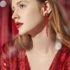 imageBriLove Sparkly Bling Rhinestones Earrings for WomenLong Linear Bow Tassels Dangle Party Prom Daily WearRuby Color RedTone