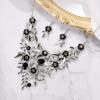 imageBriLove Wedding Bridal Leaf Cluster Jewelry Set for Women Crystal Flower Enamel Statement Necklace Dangle EarringsBlack SilverTone