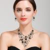 imageBriLove Wedding Bridal Leaf Cluster Jewelry Set for Women Crystal Flower Enamel Statement Necklace Dangle EarringsBlack SilverTone
