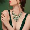 imageBriLove Wedding Bridal Leaf Cluster Jewelry Set for Women Crystal Flower Enamel Statement Necklace Dangle EarringsEmerald Color SilverTone