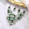 imageBriLove Wedding Bridal Leaf Cluster Jewelry Set for Women Crystal Flower Enamel Statement Necklace Dangle EarringsEmerald Color SilverTone