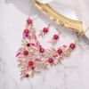 imageBriLove Wedding Bridal Leaf Cluster Jewelry Set for Women Crystal Flower Enamel Statement Necklace Dangle EarringsPink GoldTone