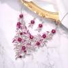imageBriLove Wedding Bridal Leaf Cluster Jewelry Set for Women Crystal Flower Enamel Statement Necklace Dangle EarringsPink SilverTone