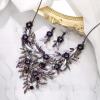 imageBriLove Wedding Bridal Leaf Cluster Jewelry Set for Women Crystal Flower Enamel Statement Necklace Dangle EarringsPurple BlackTone