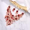 imageBriLove Wedding Bridal Leaf Cluster Jewelry Set for Women Crystal Flower Enamel Statement Necklace Dangle EarringsRuby Color GoldTone