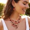 imageBriLove Wedding Bridal Leaf Cluster Jewelry Set for Women Crystal Flower Enamel Statement Necklace Dangle EarringsRuby Color GoldTone