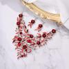 imageBriLove Wedding Bridal Leaf Cluster Jewelry Set for Women Crystal Flower Enamel Statement Necklace Dangle EarringsRuby Color SilverTone