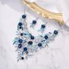 imageBriLove Wedding Bridal Leaf Cluster Jewelry Set for Women Crystal Flower Enamel Statement Necklace Dangle EarringsSapphire Color SilverTone