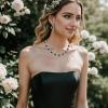 imageBriLove Wedding Jewelry Set for Women Bride Necklace Earrings Crystal Teardrop Oval Cluster Bridal Bridesmaid Party PromBlack SilverTone