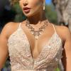 imageBriLove Womens Costume Fashion Crystal Floral Vine Leaf Statement Necklace Dangle Earrings SetChampagne GoldTone