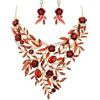 imageBriLove Wedding Bridal Leaf Cluster Jewelry Set for Women Crystal Flower Enamel Statement Necklace Dangle EarringsRuby Color GoldTone