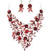 imageBriLove Wedding Bridal Leaf Cluster Jewelry Set for Women Crystal Flower Enamel Statement Necklace Dangle EarringsRuby Color SilverTone