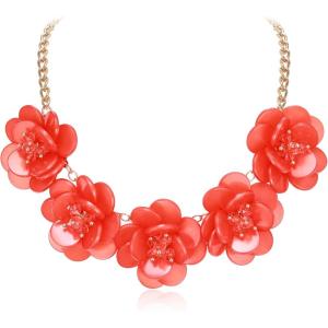 imageBriLove Flower Collar Necklace Shiny Floral Summer Beach Statement Bib Necklaces for Women Costume Prom JewelryOrange GoldTone