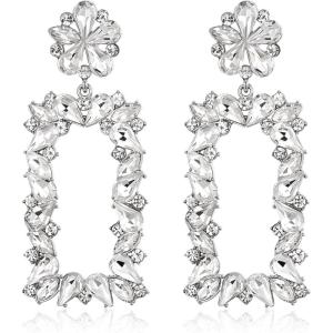 imageBriLove Gorgeous Sparkly Rhinestone Marquise Teardrop Flower Rectangle Geometric Statement Dangle Earrings for Women Party Daily WearClear SilverTone