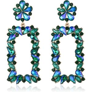 imageBriLove Gorgeous Sparkly Rhinestone Marquise Teardrop Flower Rectangle Geometric Statement Dangle Earrings for Women Party Daily WearGreen GoldTone