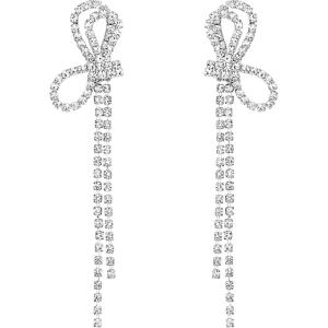 imageBriLove Sparkly Bling Rhinestones Earrings for WomenLong Linear Bow Tassels Dangle Party Prom Daily WearClear SilverTone