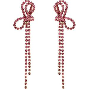 imageBriLove Sparkly Bling Rhinestones Earrings for WomenLong Linear Bow Tassels Dangle Party Prom Daily WearHot Pink GoldTone