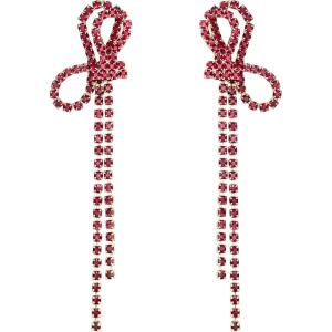 imageBriLove Sparkly Bling Rhinestones Earrings for WomenLong Linear Bow Tassels Dangle Party Prom Daily WearRuby Color GoldTone
