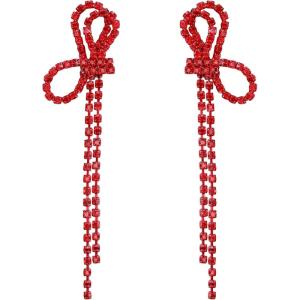 imageBriLove Sparkly Bling Rhinestones Earrings for WomenLong Linear Bow Tassels Dangle Party Prom Daily WearRuby Color RedTone