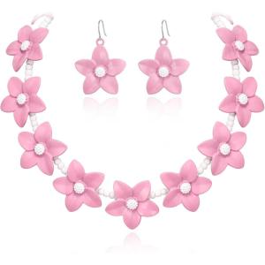 imageBriLove Unique Chic Flower Cluster Statement Necklace Dangle Earrings Jewelry Set for Women Costume Cosplay Party AccessoriesPink