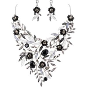 imageBriLove Wedding Bridal Leaf Cluster Jewelry Set for Women Crystal Flower Enamel Statement Necklace Dangle EarringsBlack SilverTone