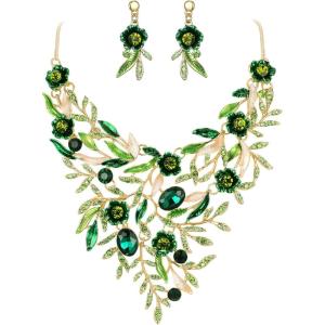 imageBriLove Wedding Bridal Leaf Cluster Jewelry Set for Women Crystal Flower Enamel Statement Necklace Dangle EarringsEmerald Color GoldTone