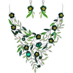 imageBriLove Wedding Bridal Leaf Cluster Jewelry Set for Women Crystal Flower Enamel Statement Necklace Dangle EarringsEmerald Color SilverTone