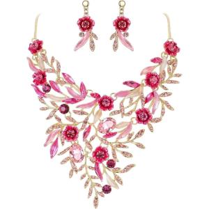 imageBriLove Wedding Bridal Leaf Cluster Jewelry Set for Women Crystal Flower Enamel Statement Necklace Dangle EarringsPink GoldTone