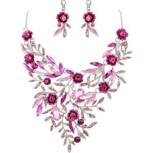 imageBriLove Wedding Bridal Leaf Cluster Jewelry Set for Women Crystal Flower Enamel Statement Necklace Dangle EarringsPink SilverTone