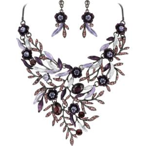 imageBriLove Wedding Bridal Leaf Cluster Jewelry Set for Women Crystal Flower Enamel Statement Necklace Dangle EarringsPurple BlackTone