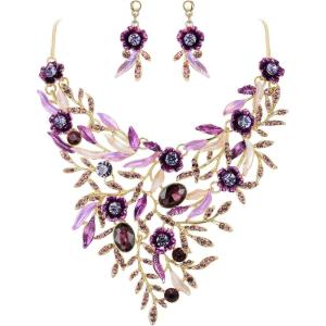 imageBriLove Wedding Bridal Leaf Cluster Jewelry Set for Women Crystal Flower Enamel Statement Necklace Dangle EarringsPurple GoldTone