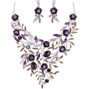 imageBriLove Wedding Bridal Leaf Cluster Jewelry Set for Women Crystal Flower Enamel Statement Necklace Dangle EarringsPurple SliverTone