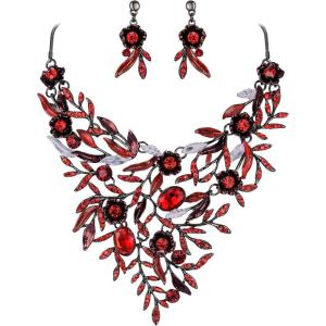 imageBriLove Wedding Bridal Leaf Cluster Jewelry Set for Women Crystal Flower Enamel Statement Necklace Dangle EarringsRuby Color BlackTone