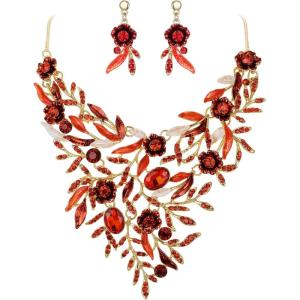imageBriLove Wedding Bridal Leaf Cluster Jewelry Set for Women Crystal Flower Enamel Statement Necklace Dangle EarringsRuby Color GoldTone
