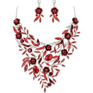 imageBriLove Wedding Bridal Leaf Cluster Jewelry Set for Women Crystal Flower Enamel Statement Necklace Dangle EarringsRuby Color SilverTone