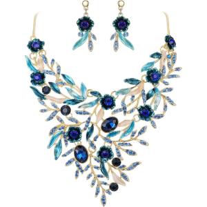 imageBriLove Wedding Bridal Leaf Cluster Jewelry Set for Women Crystal Flower Enamel Statement Necklace Dangle EarringsSapphire Color GoldTone