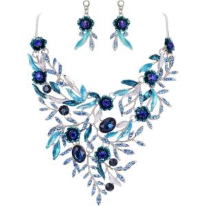 imageBriLove Wedding Bridal Leaf Cluster Jewelry Set for Women Crystal Flower Enamel Statement Necklace Dangle EarringsSapphire Color SilverTone