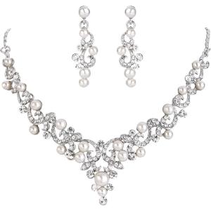 imageBriLove Wedding Bridal Simulated Pearl Necklace Earrings Jewelry Set for Women Filigree Vine YNecklace Dangle Earring Clear SilverTone